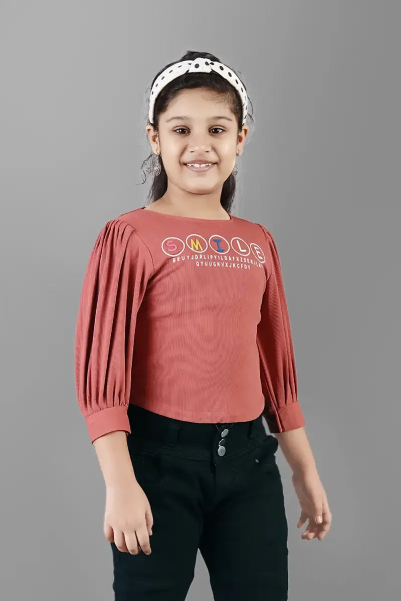 Girl's Cotton Lycra Blend Printed Top - Dusty Pink - View 3