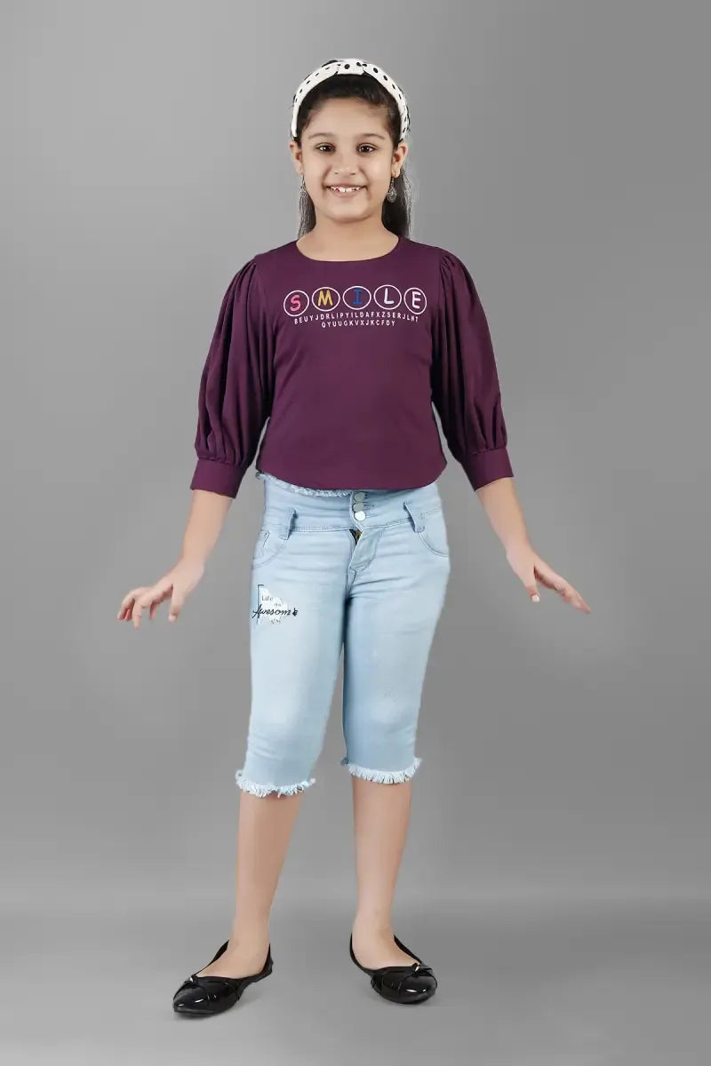 Girl's Cotton Lycra Blend Printed Top - Purple - View 9