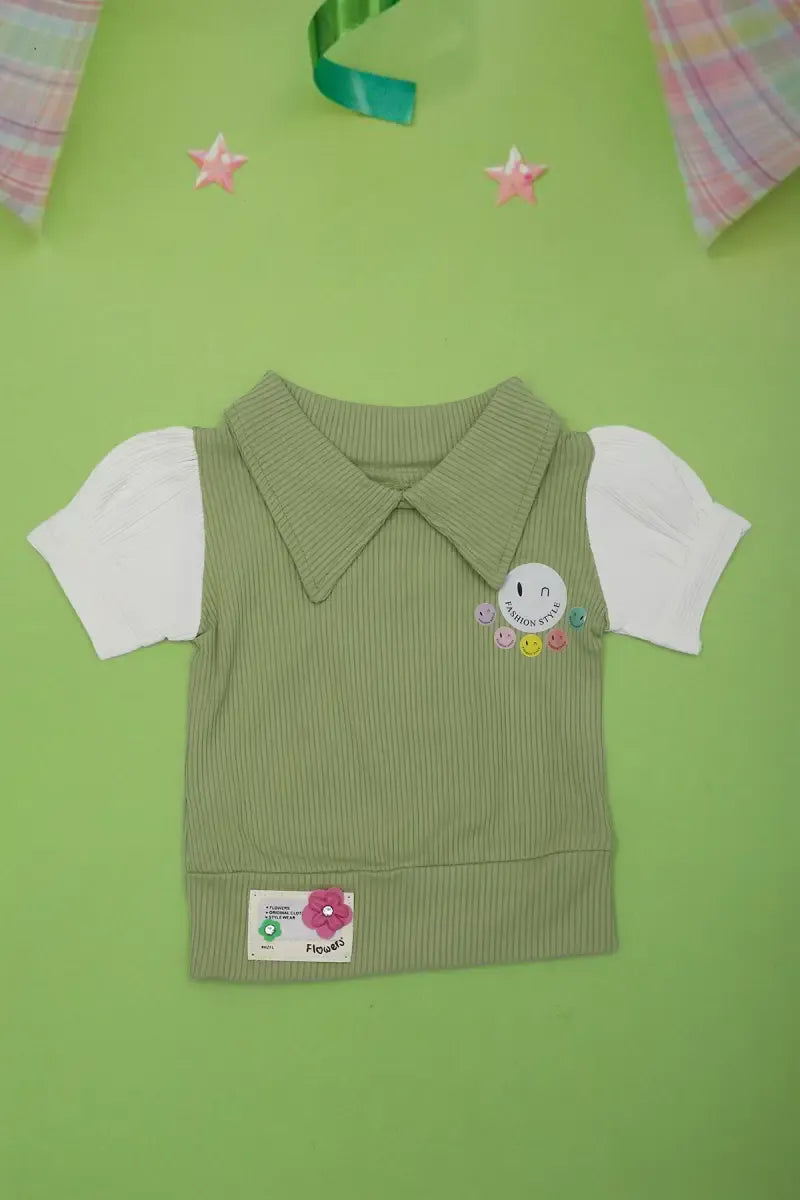 Corduroy Top for Just Born Baby Girl - Olive - View 17