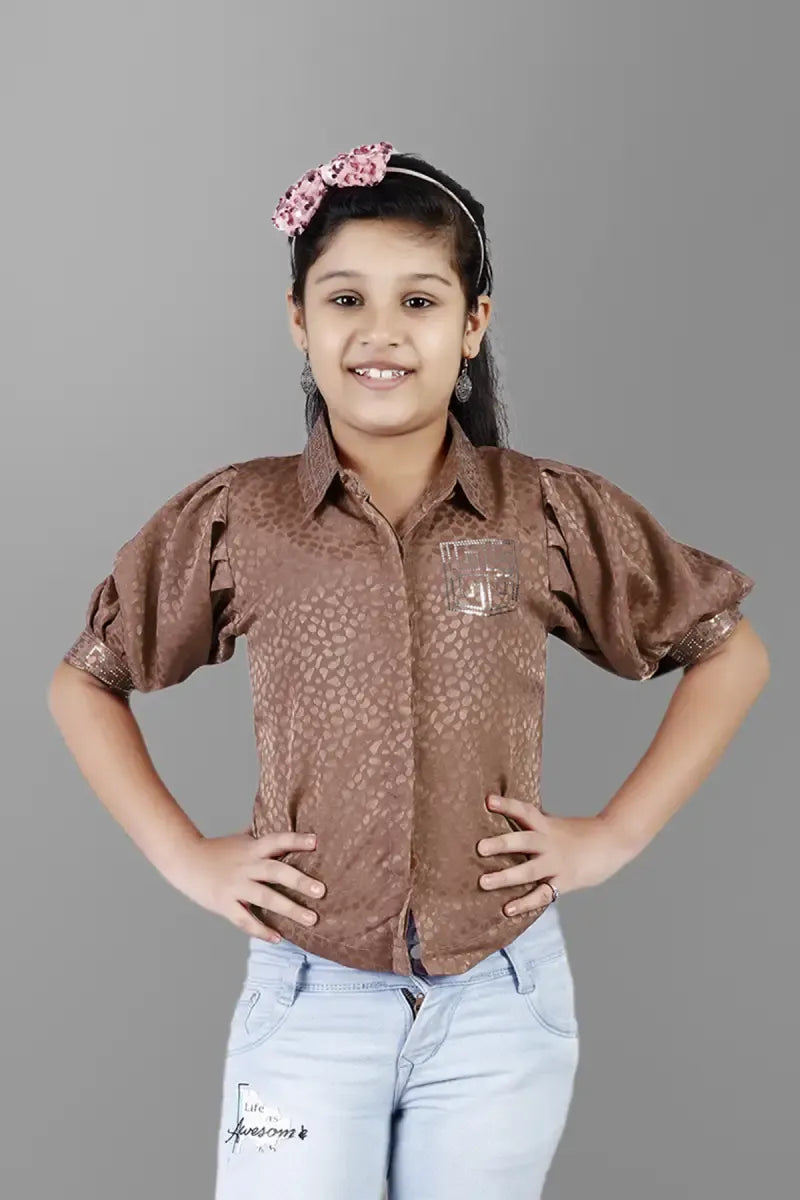 Girl's Georgette Printed Shirt Style Top - Brown - View 1
