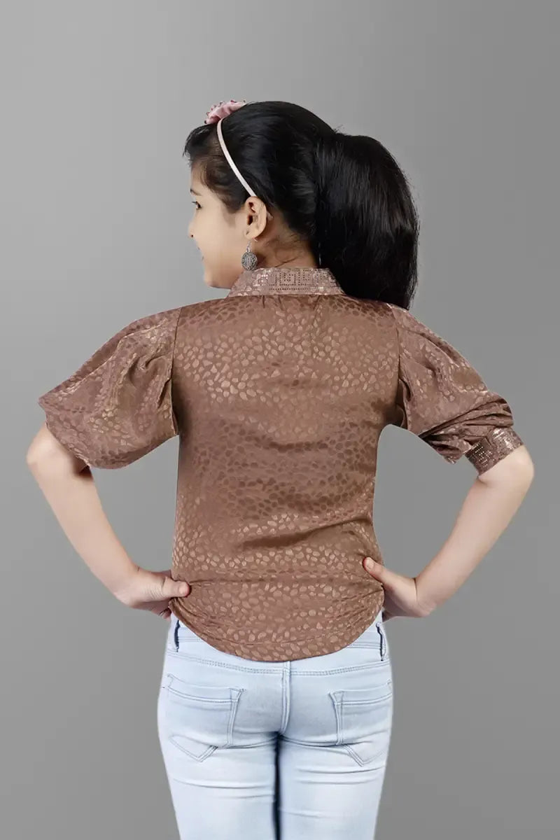 Girl's Georgette Printed Shirt Style Top - Brown - View 2