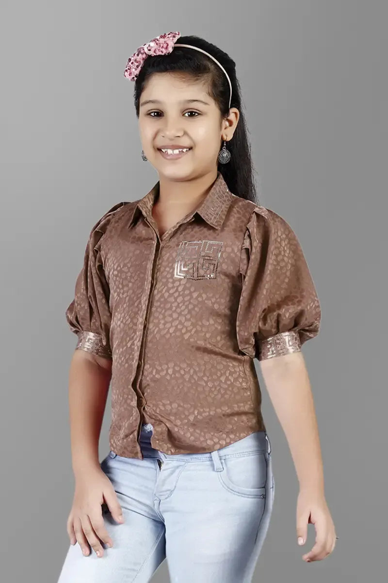 Girl's Georgette Printed Shirt Style Top - Brown - View 4