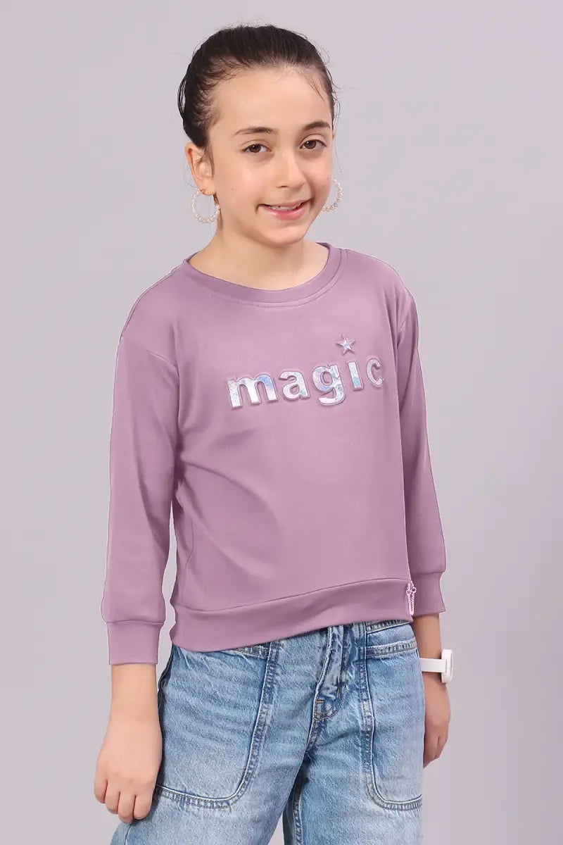 Girl's Cotton Lycra Blend Embossed Top - Lavender - View 2