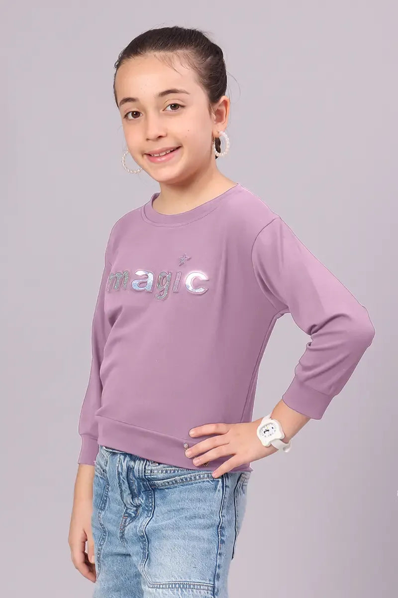 Girl's Cotton Lycra Blend Embossed Top - Lavender - View 3