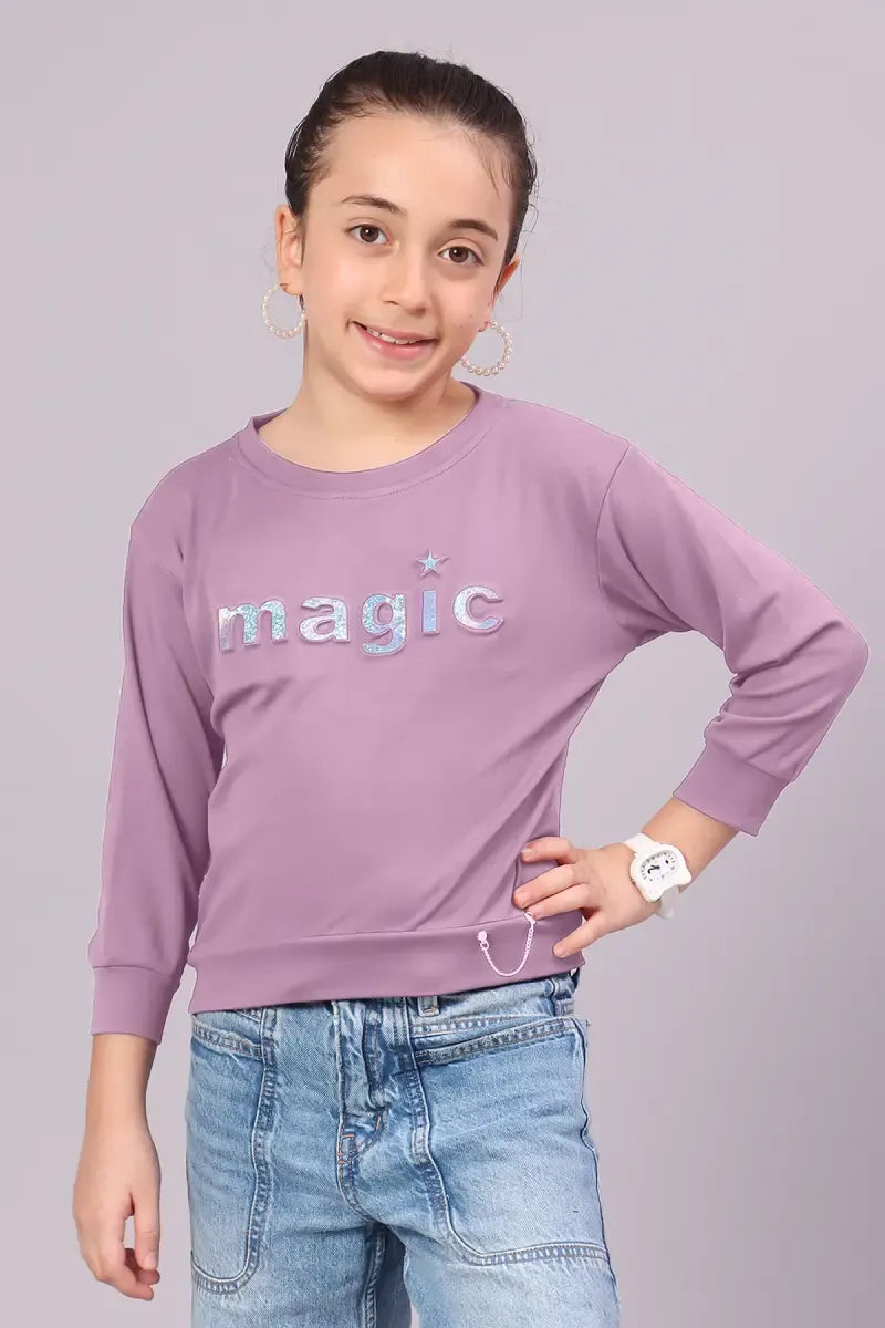 Girl's Cotton Lycra Blend Embossed Top - Lavender - View 6