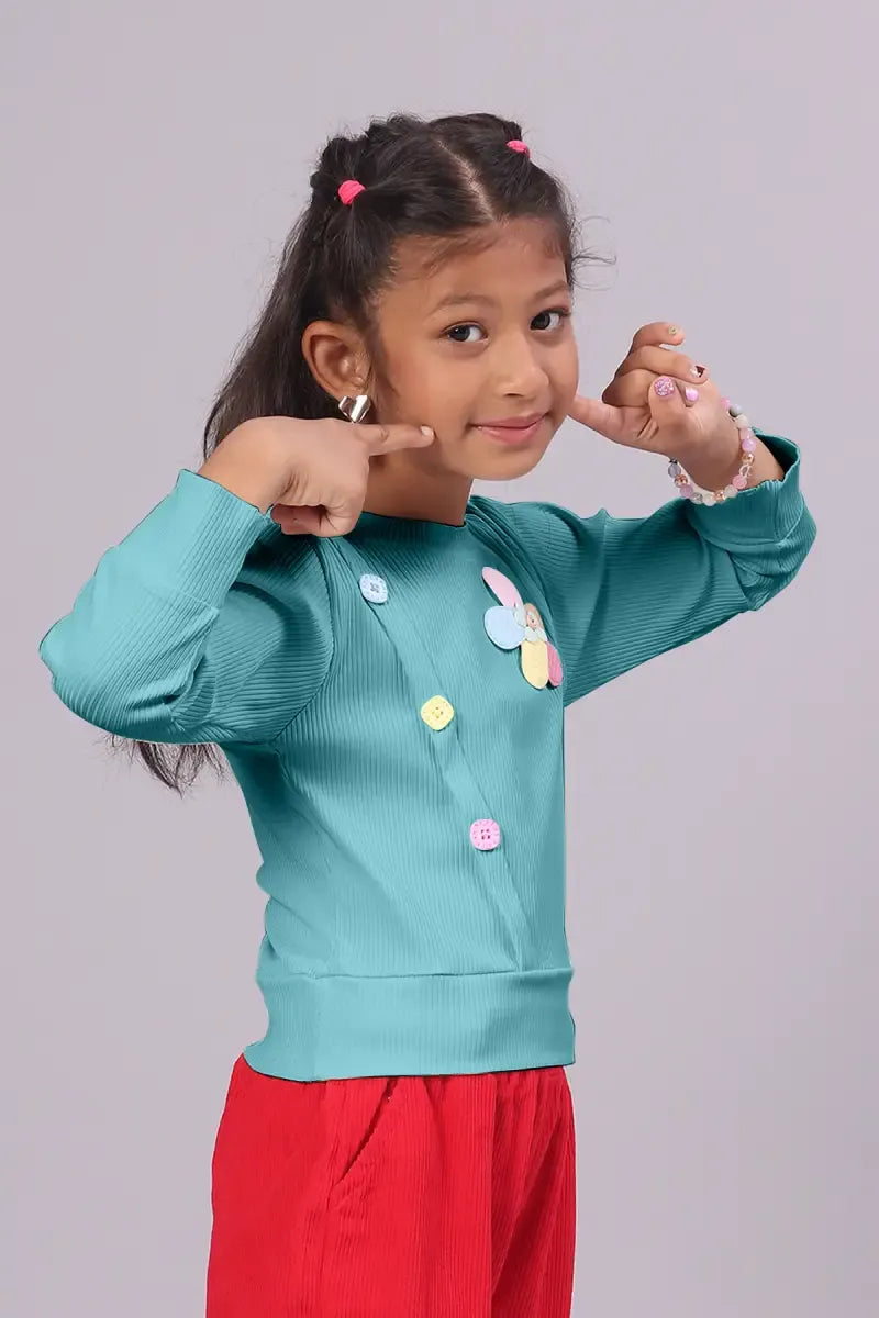 Girl's Corduroy Solid Top - Aqua - View 2