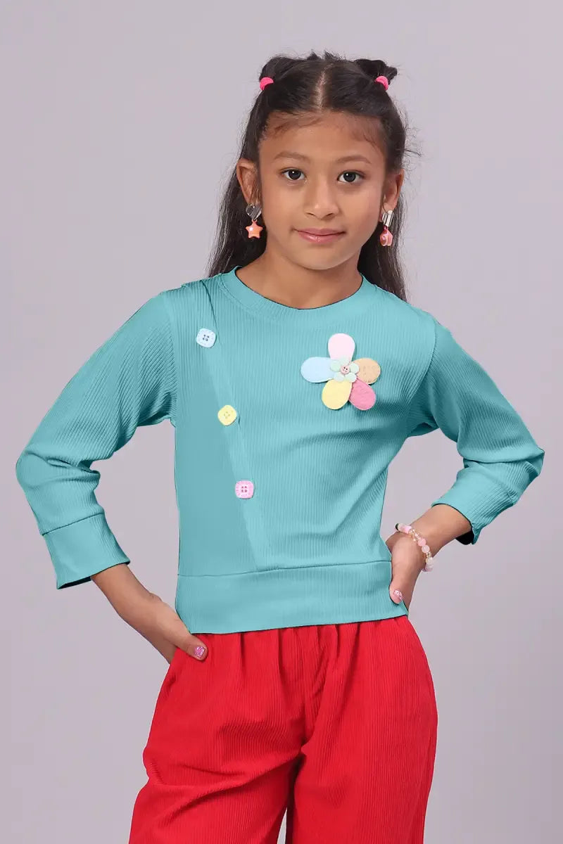 Girl's Corduroy Solid Top - Aqua - View 6