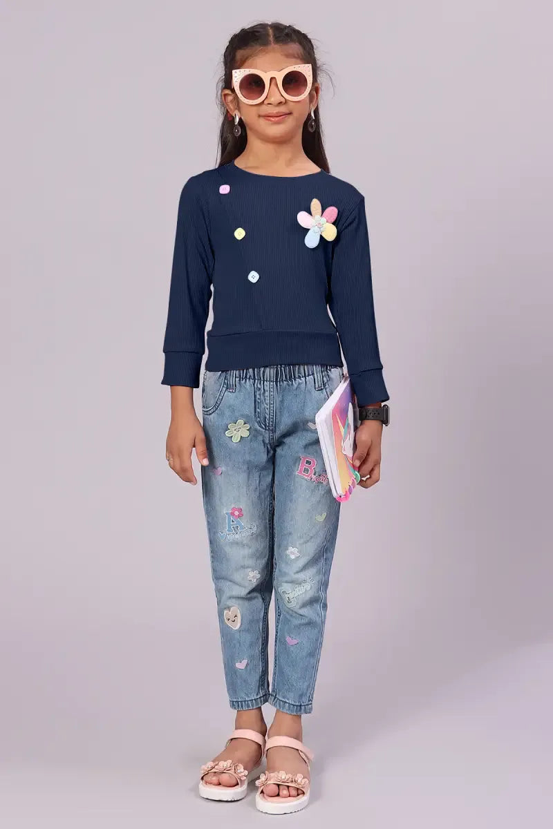 Girl's Corduroy Solid Top - Navy Blue - View 19