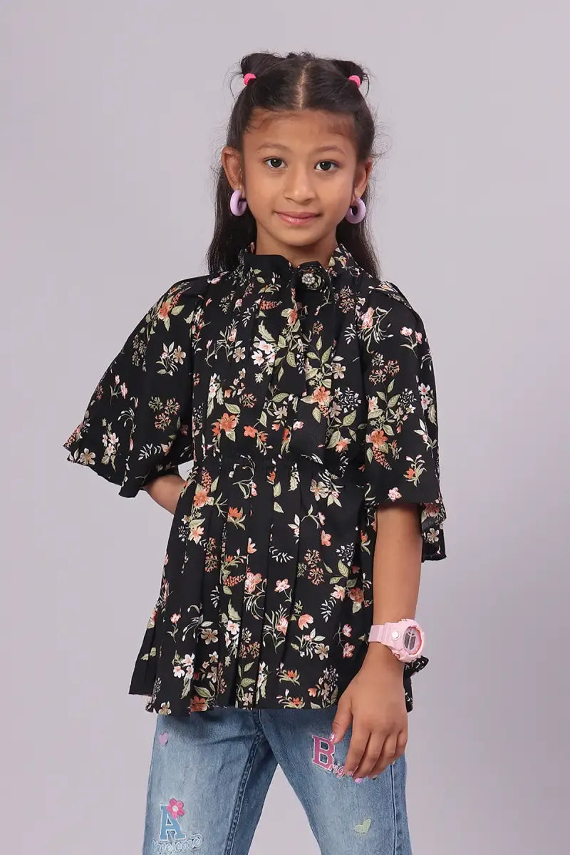 Girl's Georgette Printed Top - Black - View 6