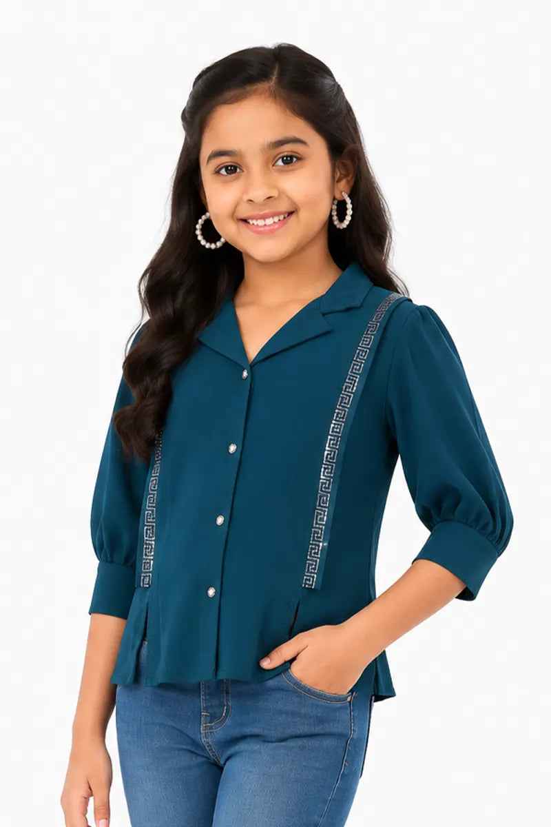 Girl's Georgette Solid Top - Teal - View 5