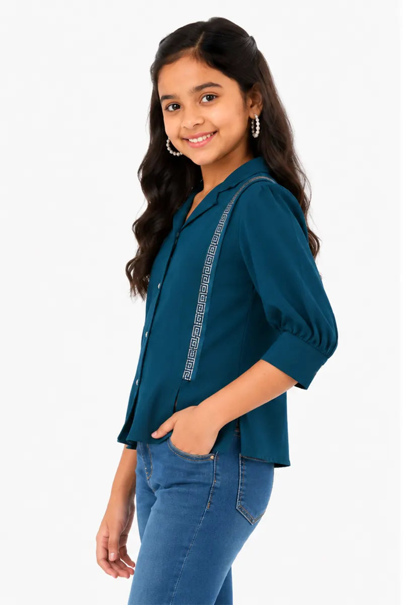 Girl's Georgette Solid Top - Teal - View 6