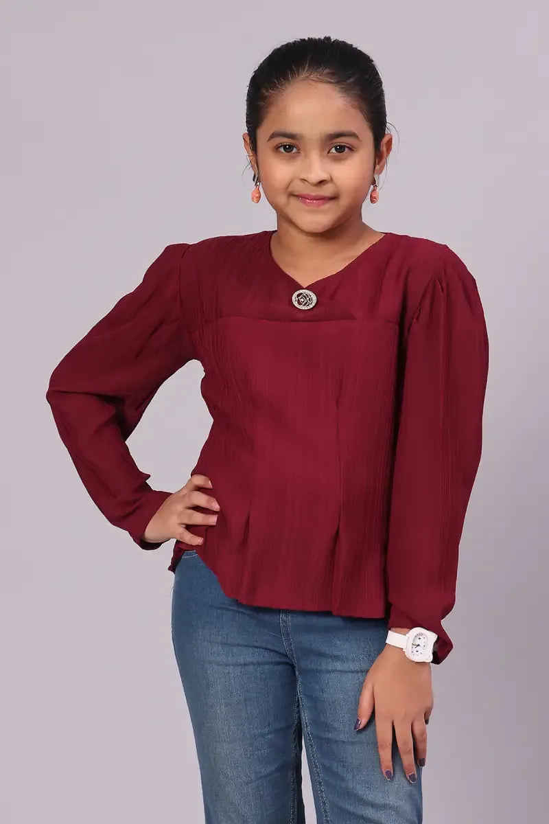 Girl's Georgette Solid Top - Burgundy - View 1