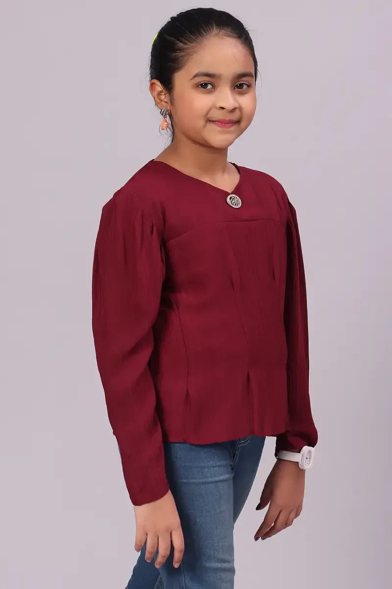 Girl's Georgette Solid Top - Burgundy - View 3