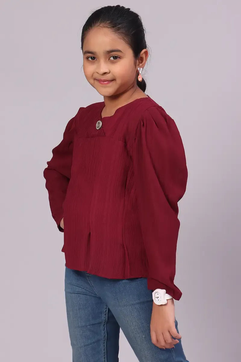 Girl's Georgette Solid Top - Burgundy - View 4