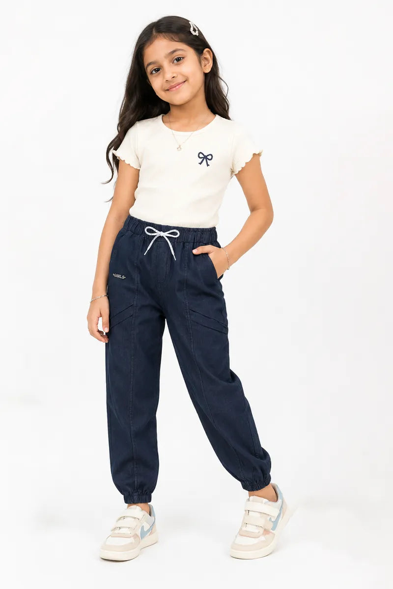 Girl's Denim Solid Jogger Pant - Navy Blue - View 4