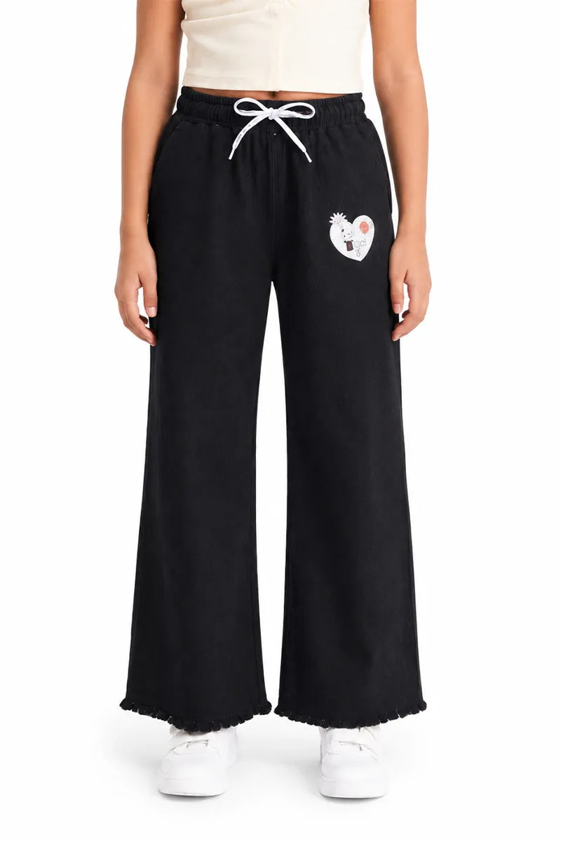 Denim Solid Palazzo Pant for Girls - Black - View 1