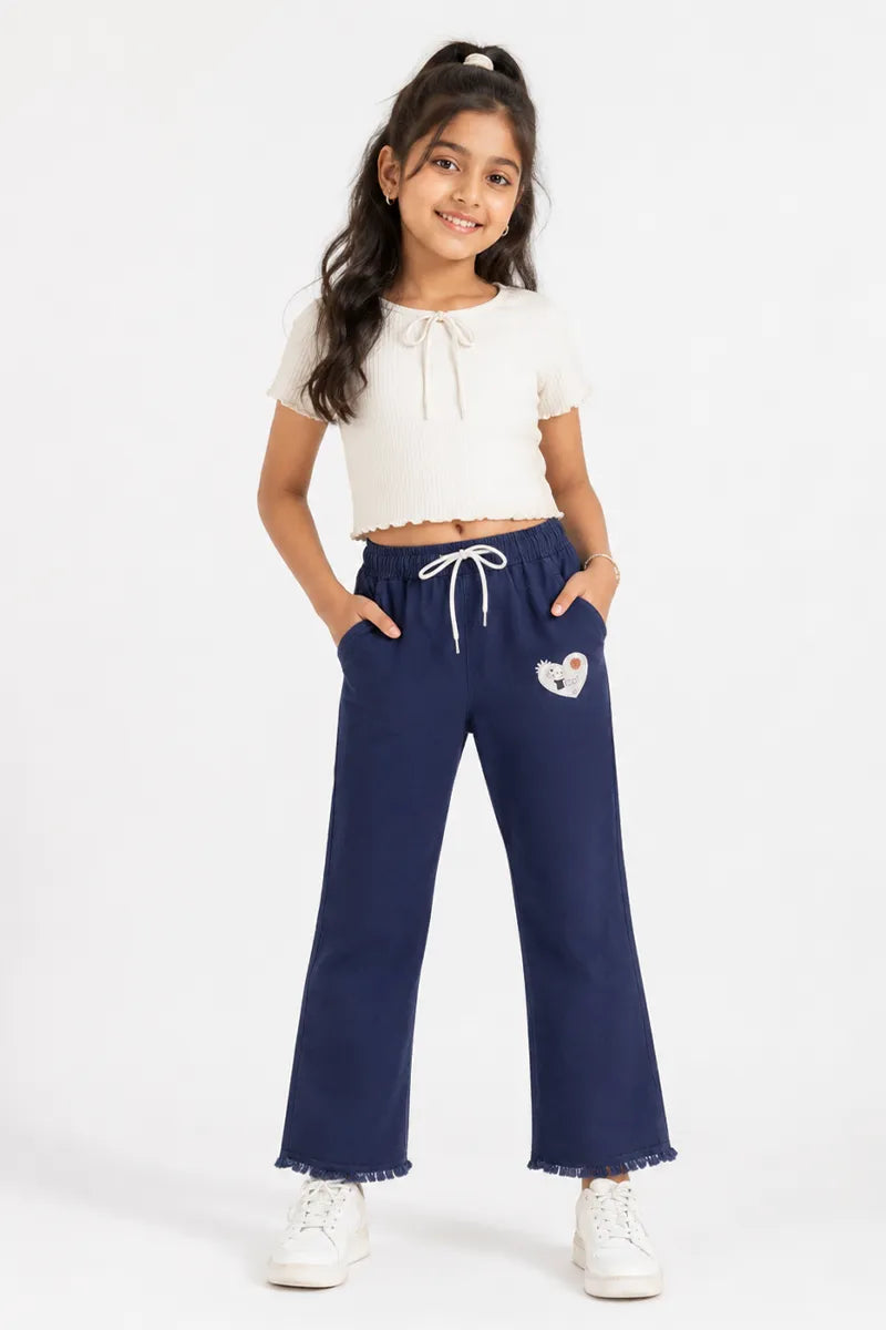 Denim Solid Palazzo Pant for Girls - Dark Blue - View 8