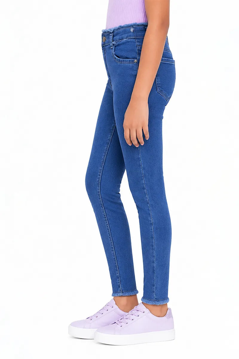 Girl's Denim Solid Stretchable Jeans - Blue - View 6