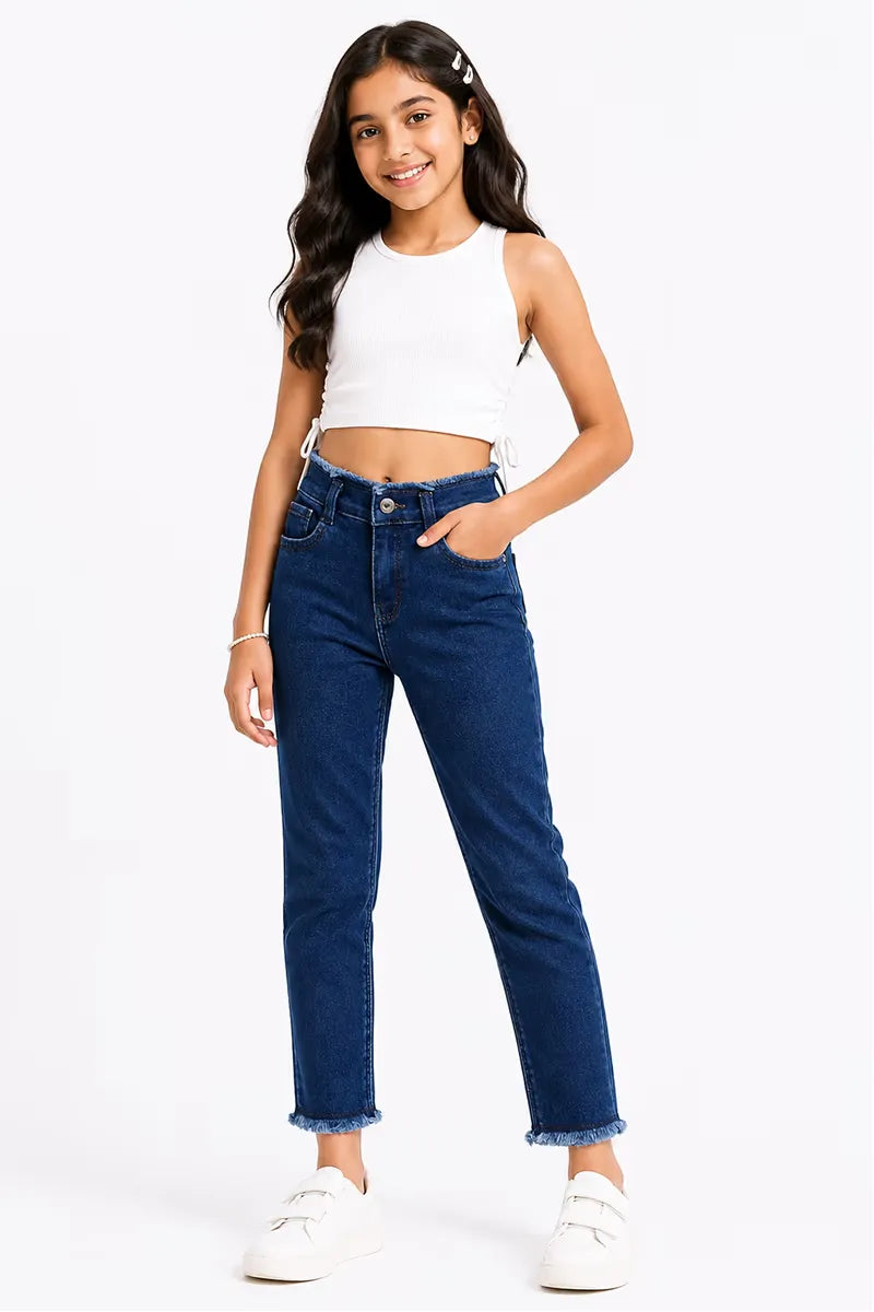 Girl's Denim Solid Stretchable Jeans - Dark Blue - View 12