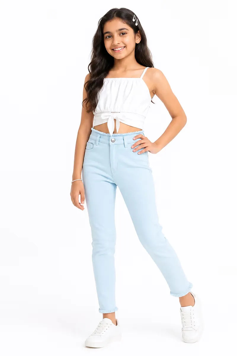 Girl's Denim Solid Stretchable Jeans - Sky Blue - View 32