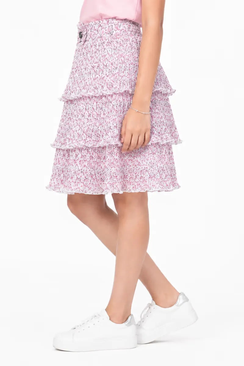 Girl's Georgette Printed Tiered Skirt - Pink - View 6