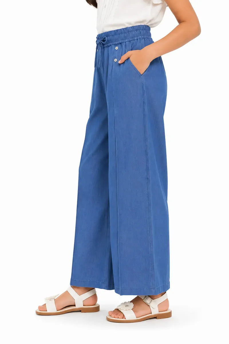 Girl's Denim Solid Palazzos - Blue - View 2