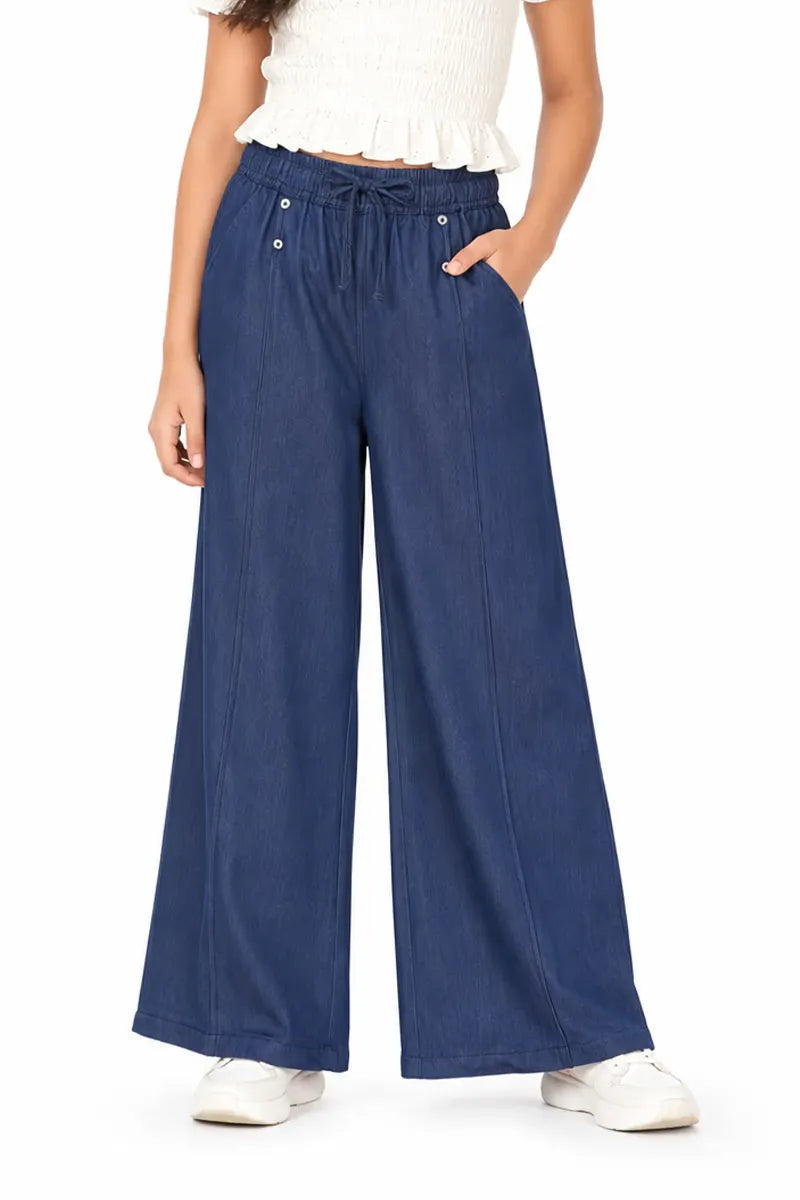 Girl's Denim Solid Palazzos - Navy Blue - View 5