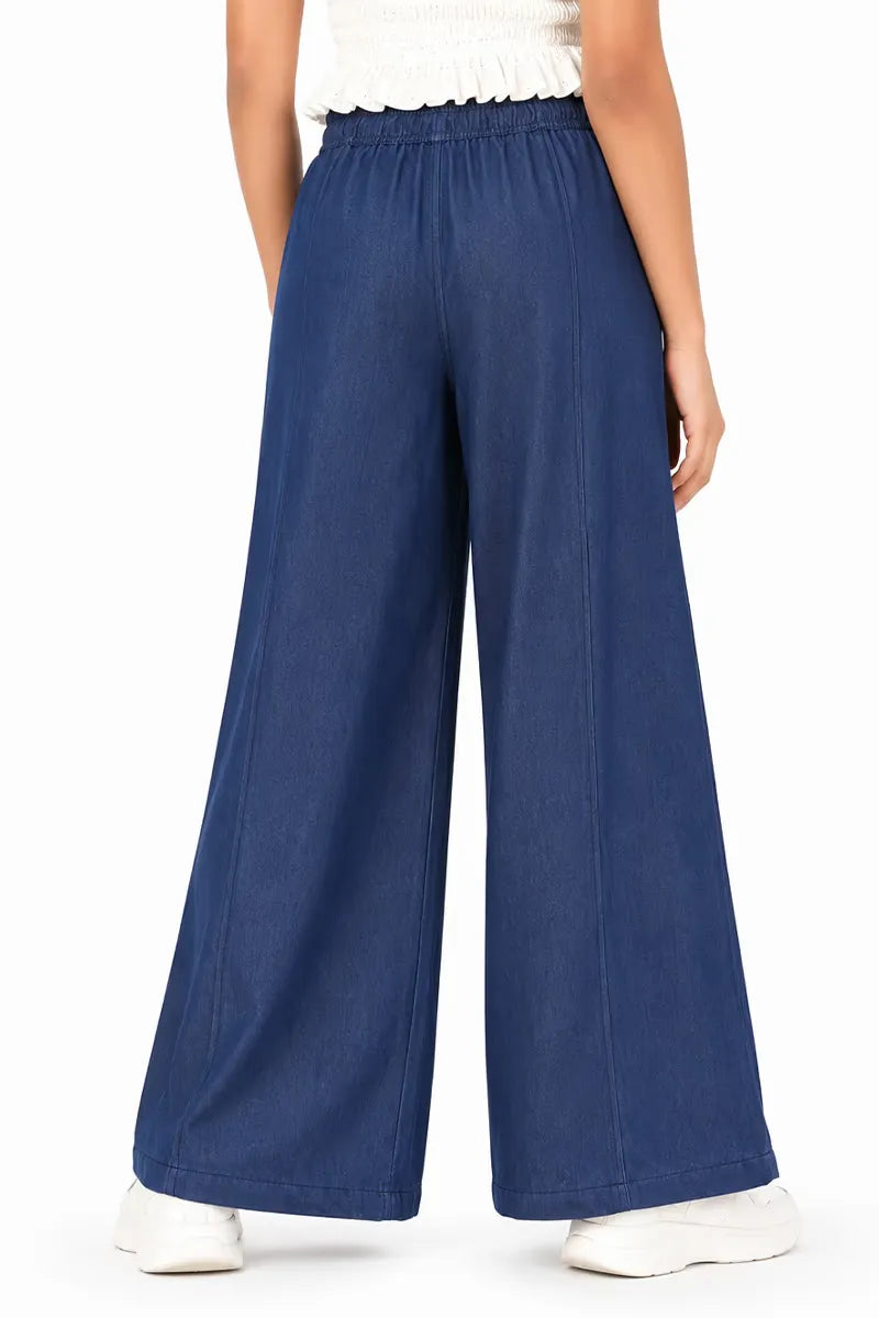 Girl's Denim Solid Palazzos - Navy Blue - View 7