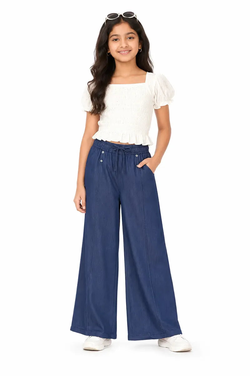 Girl's Denim Solid Palazzos - Navy Blue - View 8