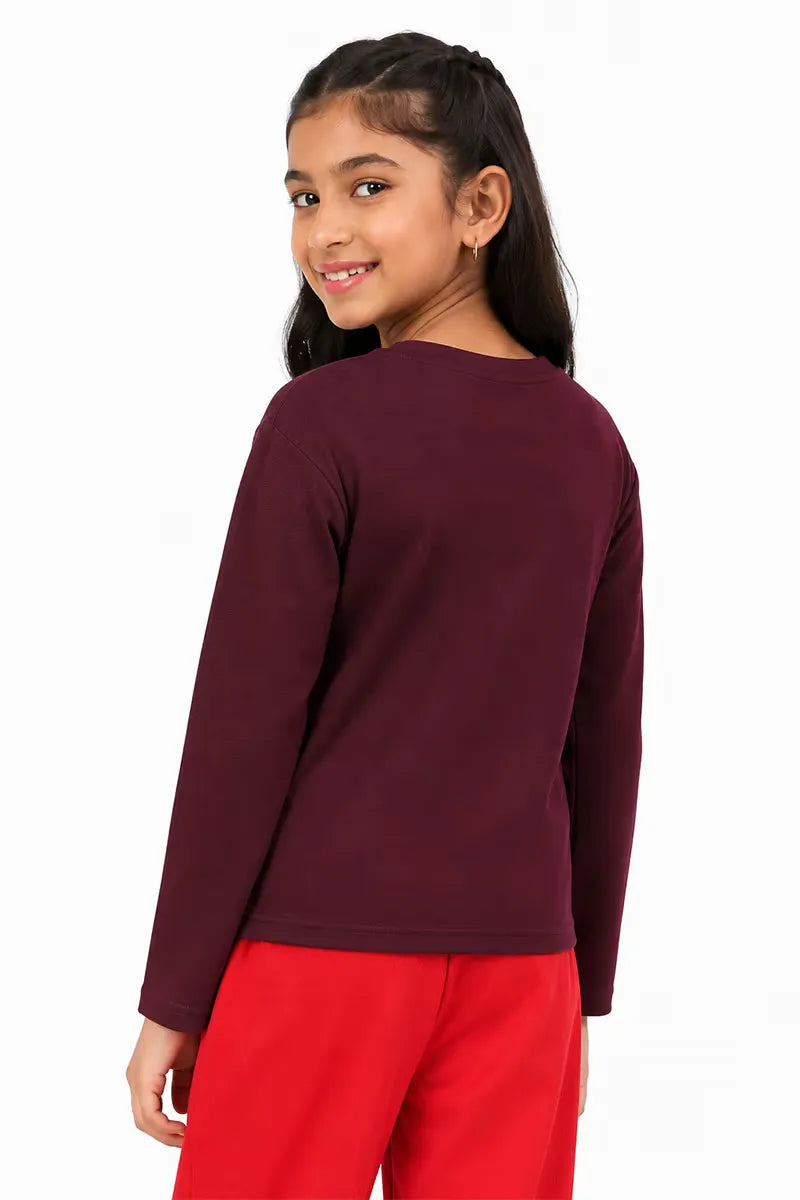 Lycra Solid T-Shirt for Girl - Wine - View 15