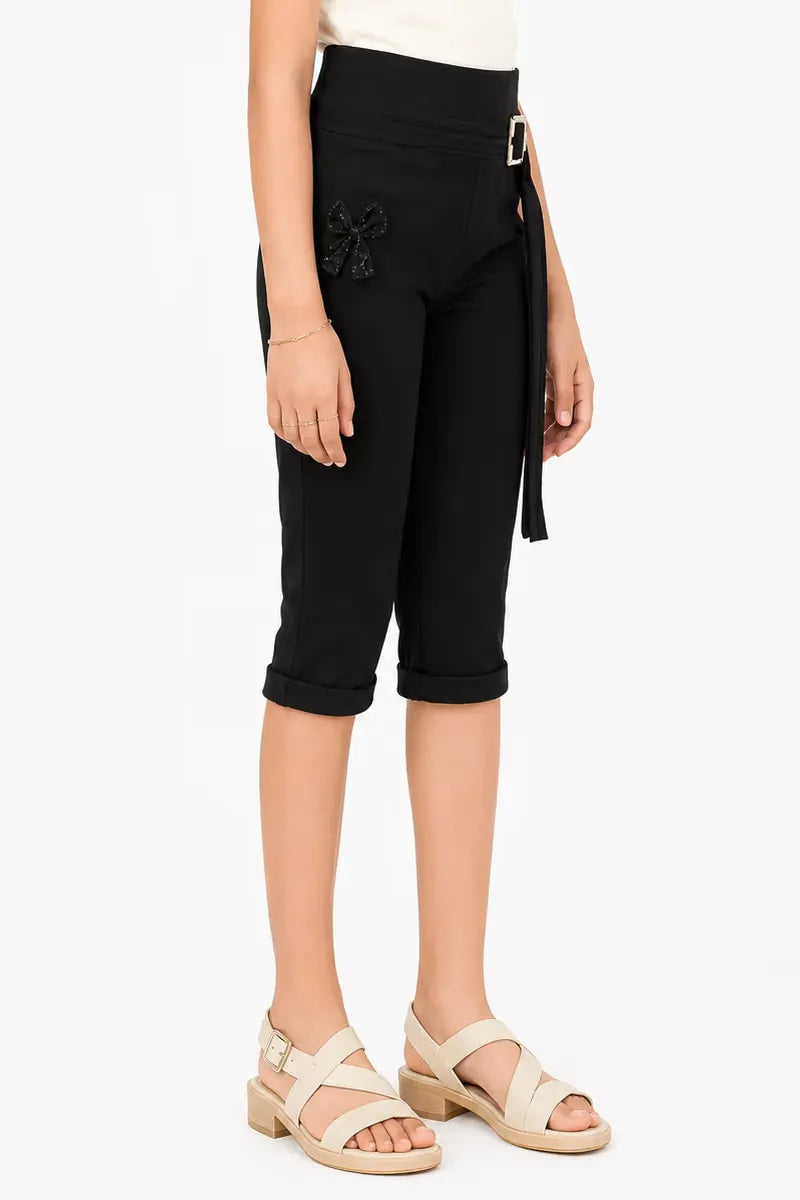 Girl's Lycra Solid Capri - Black - View 2