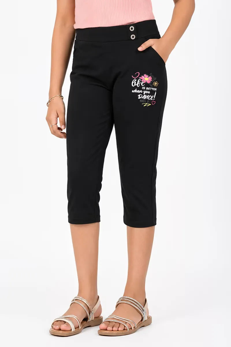 Girl's Lycra Solid Capri - Black - View 1