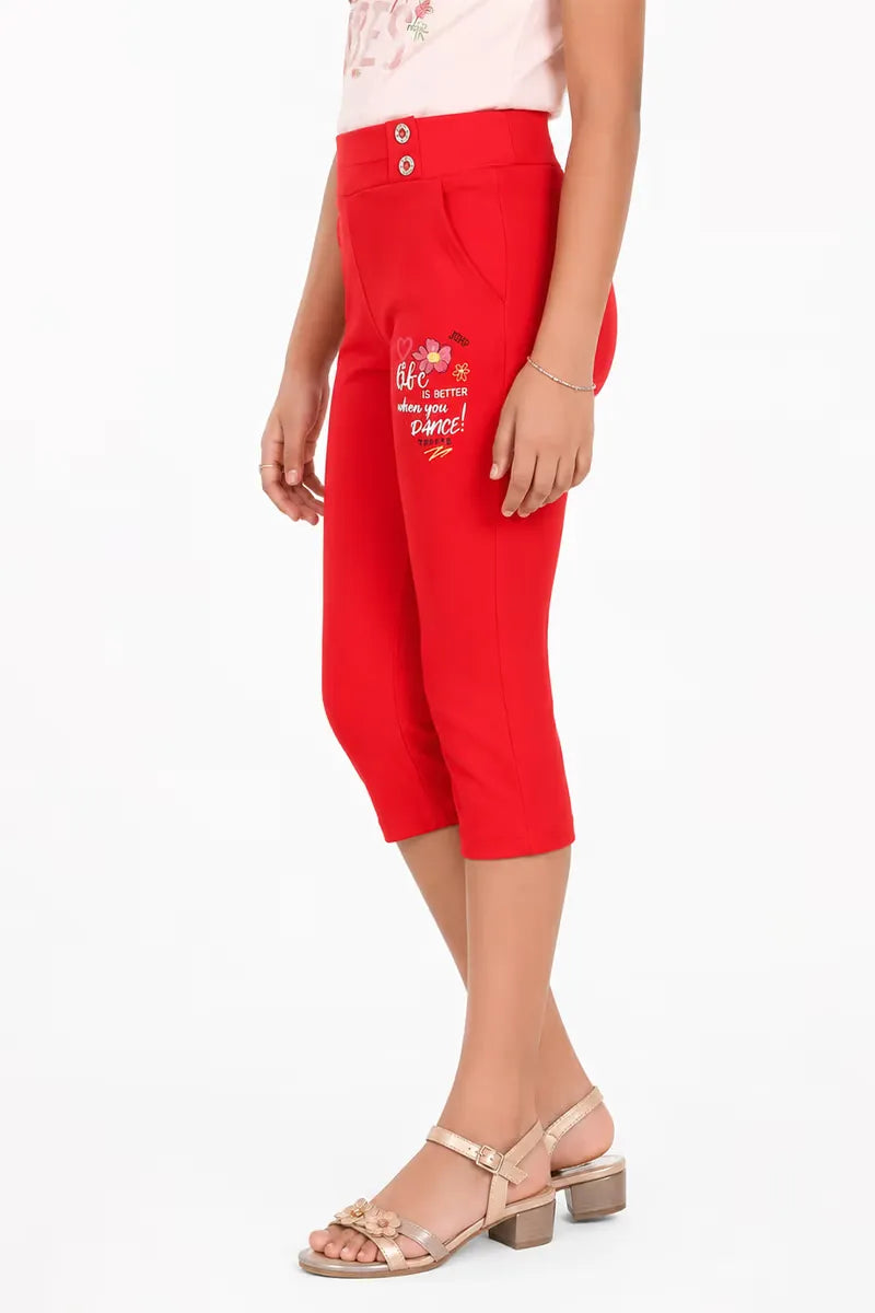 Girl's Lycra Solid Capri - Red - View 6