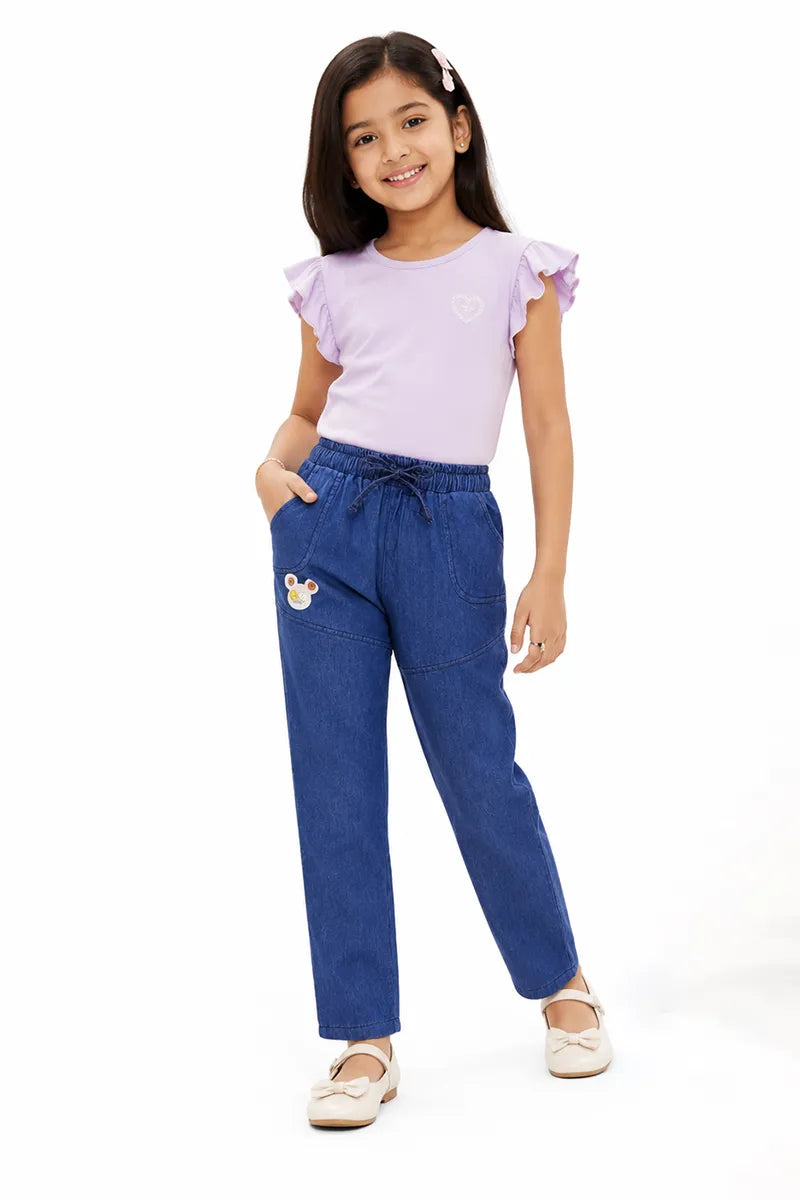 Girl's Denim Solid Mid Rise Jeans - Dark Blue - View 4