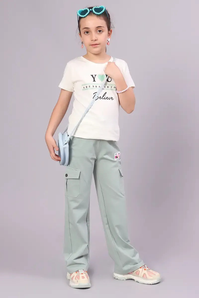 Girl's Cotton Lycra Solid Pants - Grey - View 1
