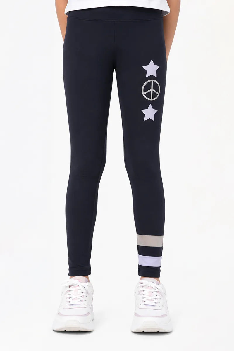 Girl's Cotton Lycra Printed Jeggings - Black - View 1