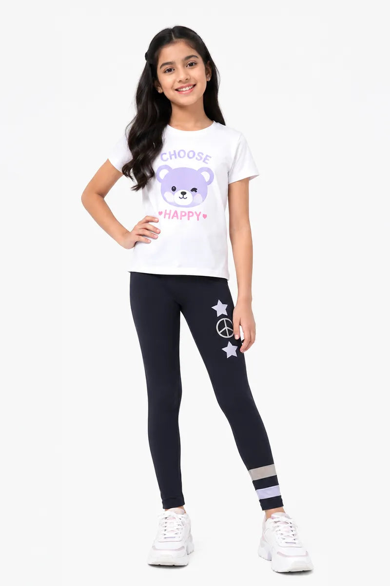 Girl's Cotton Lycra Printed Jeggings - Black - View 4