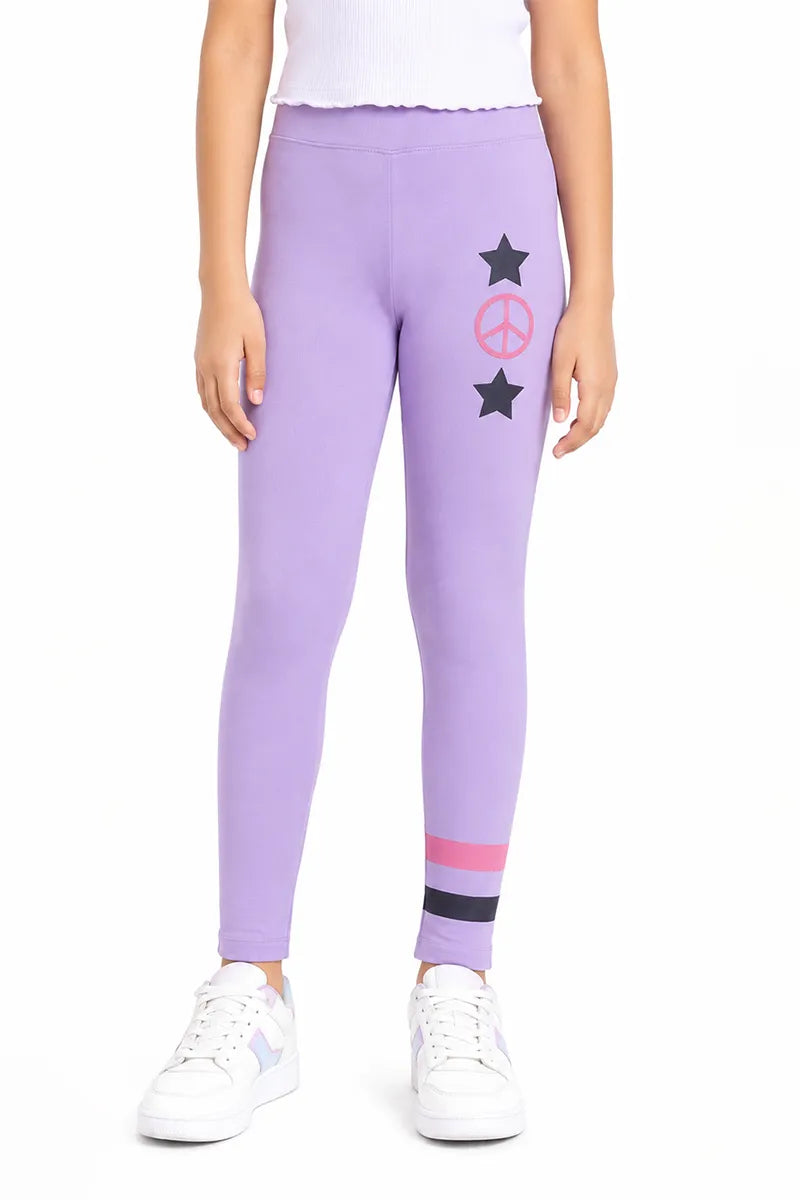 Girl's Cotton Lycra Printed Jeggings - Lavender - View 9