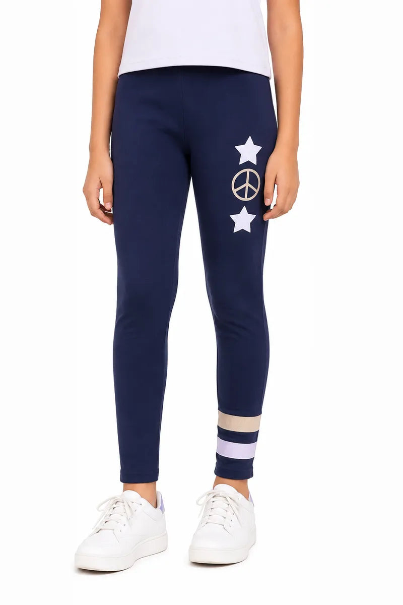 Girl's Cotton Lycra Printed Jeggings - Navy Blue - View 13