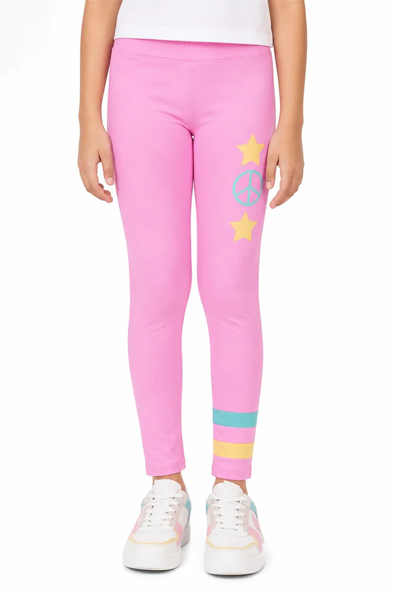 Girl's Cotton Lycra Printed Jeggings - Pink - View 17