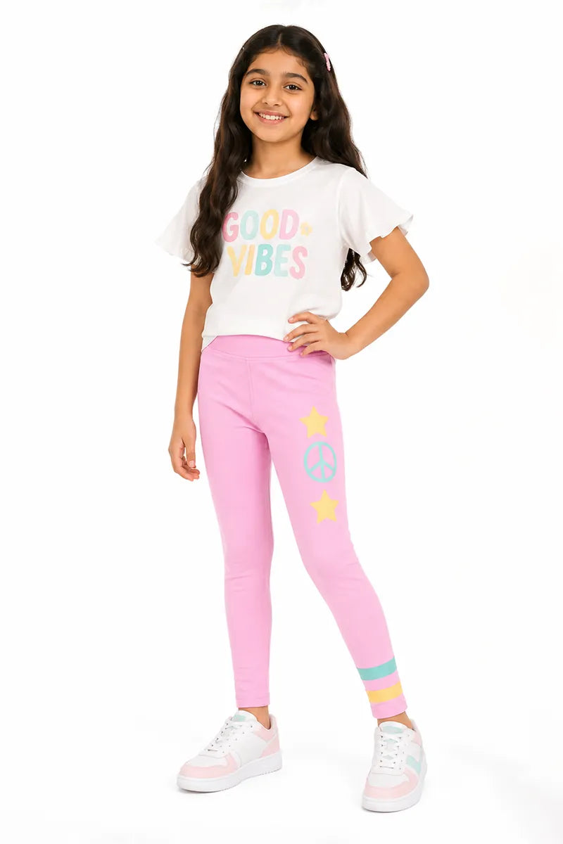 Girl's Cotton Lycra Printed Jeggings - Pink - View 20