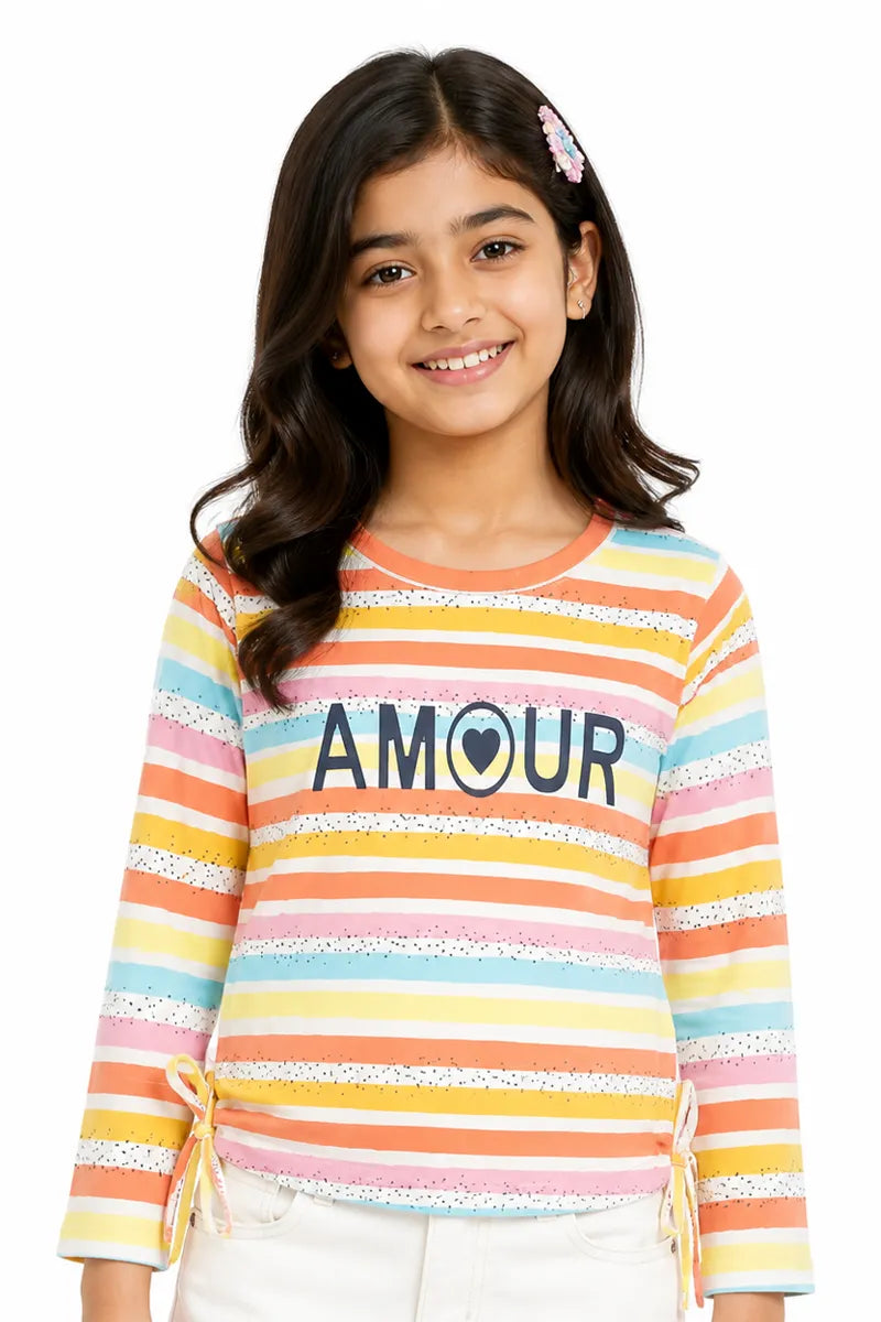 Girl's Cotton Lycra Striped T-Shirt - Multicolor - View 1