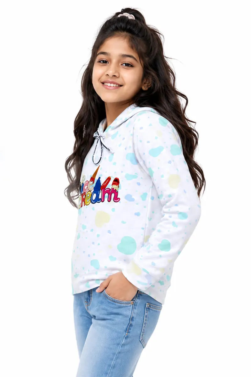 Lycra Printed Casual Hoodie for Girls - White - View 2