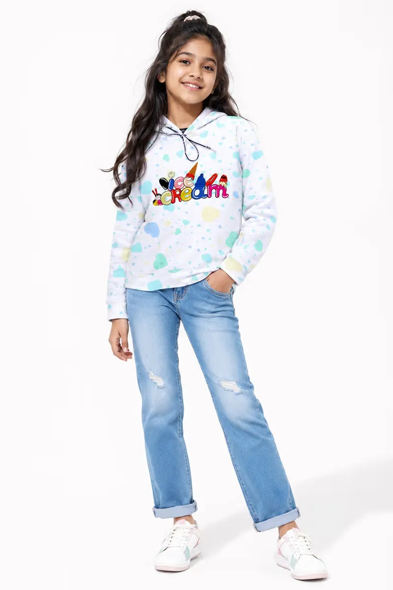Lycra Printed Casual Hoodie for Girls - White - View 4
