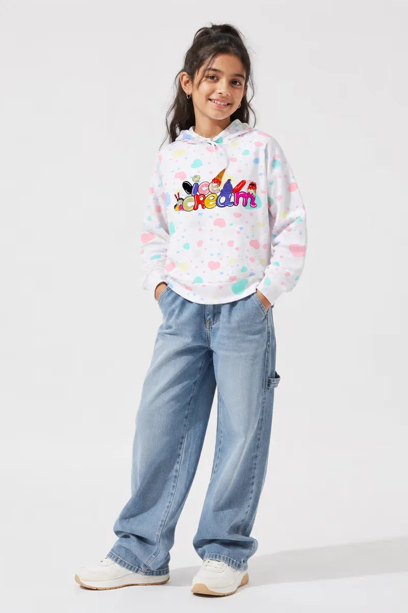 Lycra Printed Casual Hoodie for Girls - White - View 4