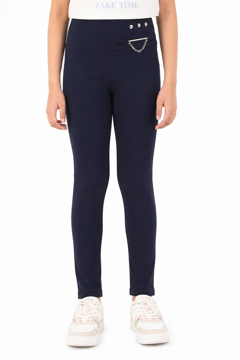 Girl's Cotton Lycra Solid Jeggings - Blue - View 1