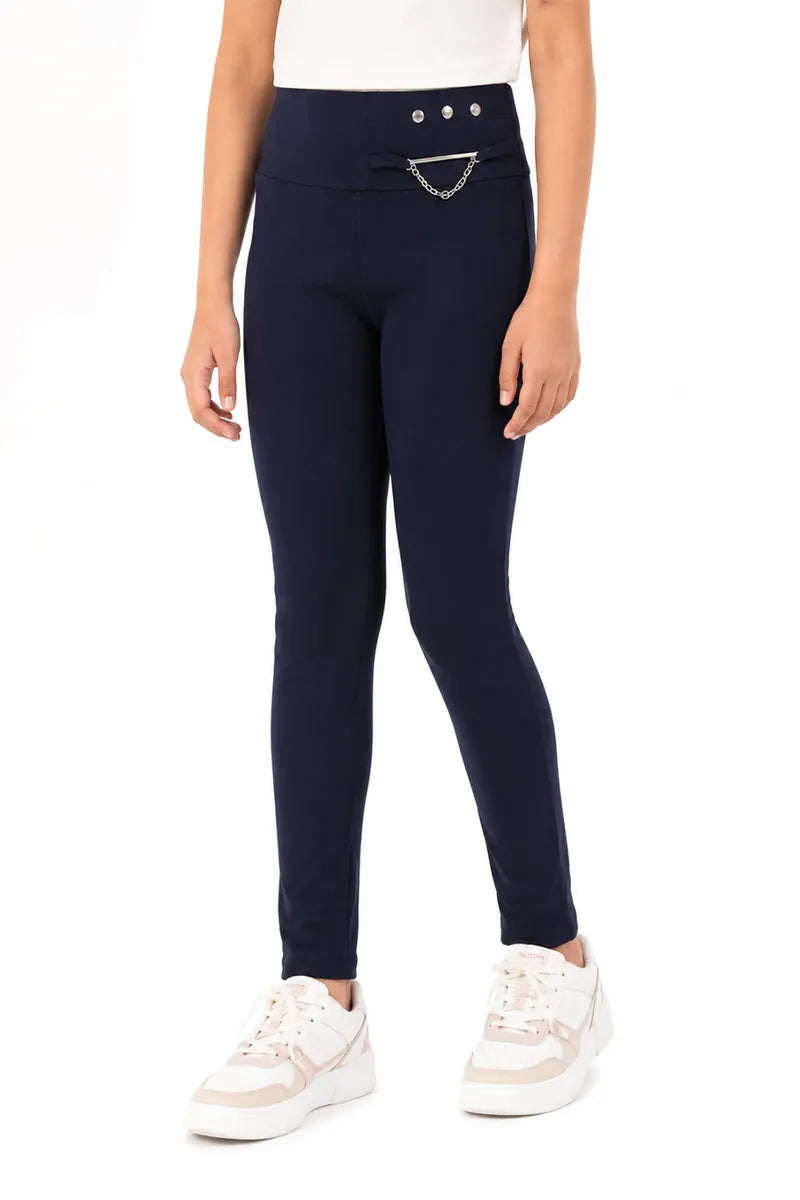 Girl's Cotton Lycra Solid Jeggings - Blue - View 2