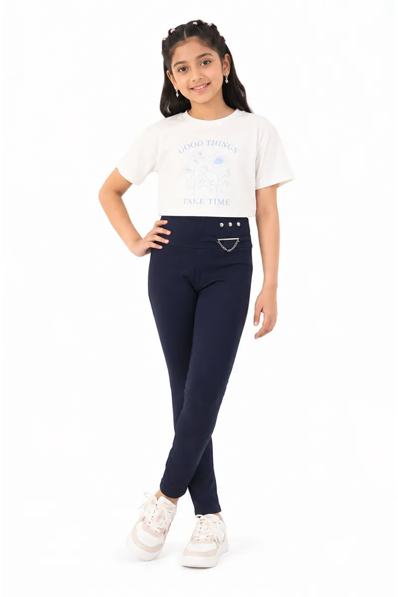 Girl's Cotton Lycra Solid Jeggings - Blue - View 4