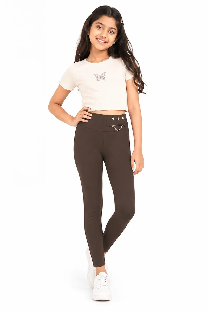 Girl's Cotton Lycra Solid Jeggings - Olive - View 12