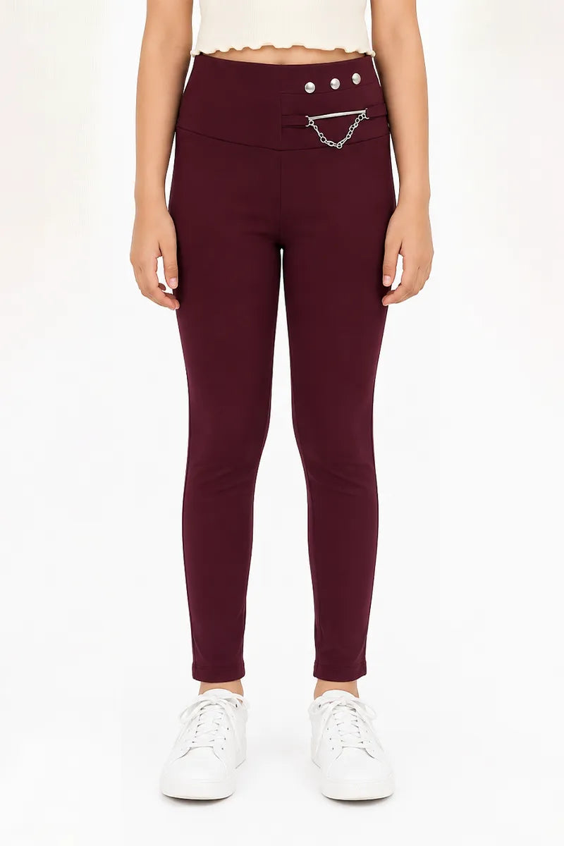 Girl's Cotton Lycra Solid Jeggings - Wine - View 13